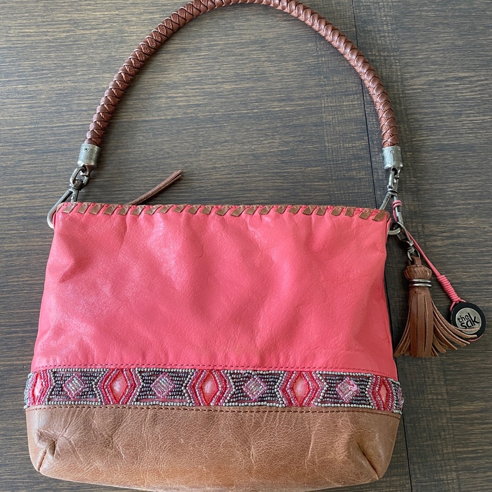 THE SAK CORAL & TAN BEADED LEATHER HOBO SHOULDER BAG Southwestern Vintage Hippie - Picture 3 of 11